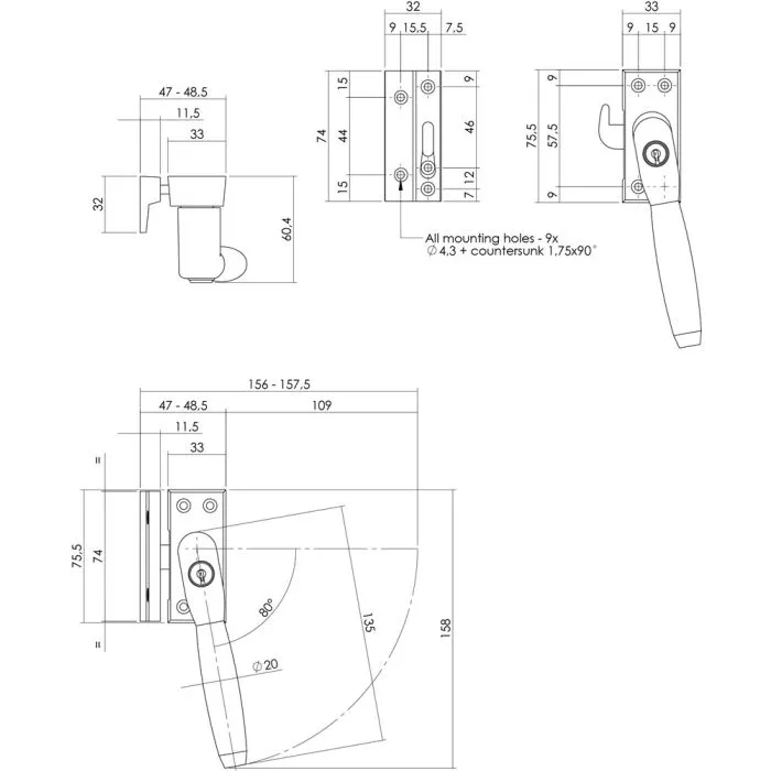 INTERSTEEL SKG* Afsluitbare raamsluiting rechts Ton 400 messing getrommeld/ebbenhout compleet