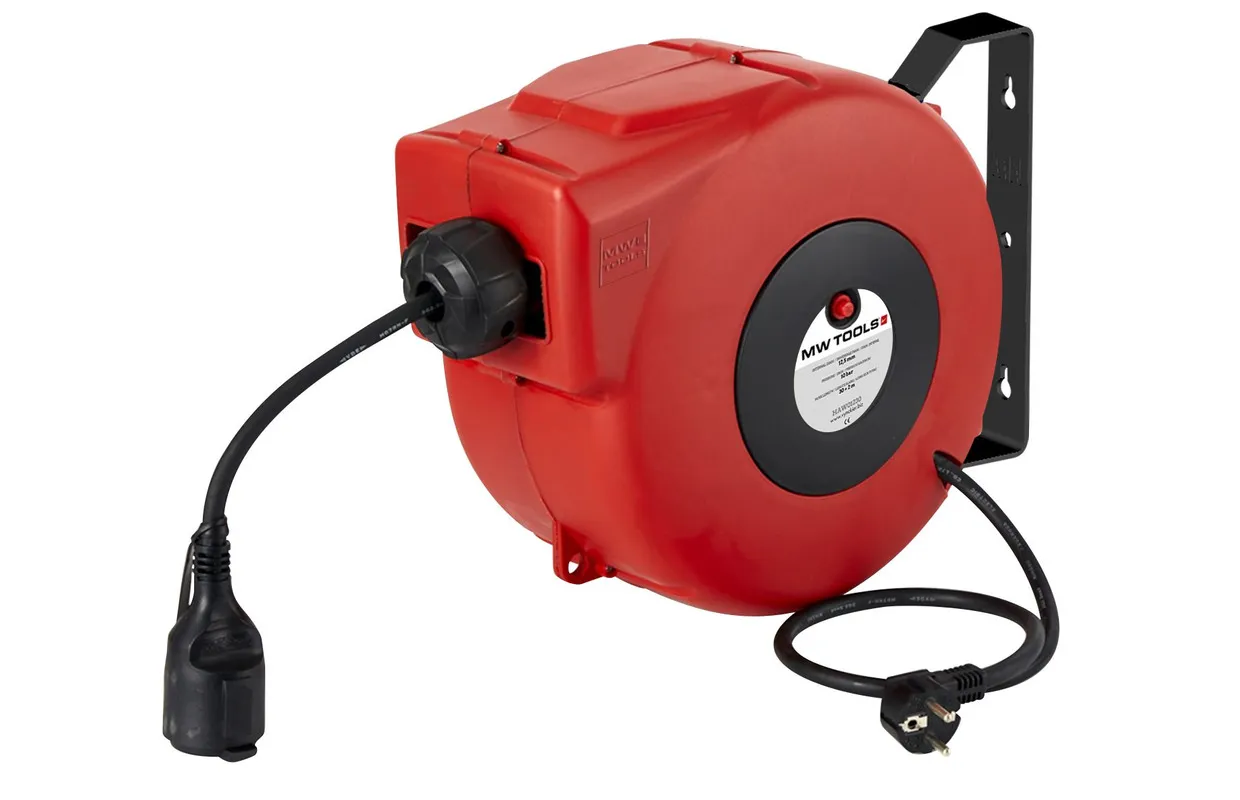 Kabelhaspel  8 m 3G 2,5 mm²  230V Polypropyleen met automatische oprol en zwenkbare muurbeugel MW Tools