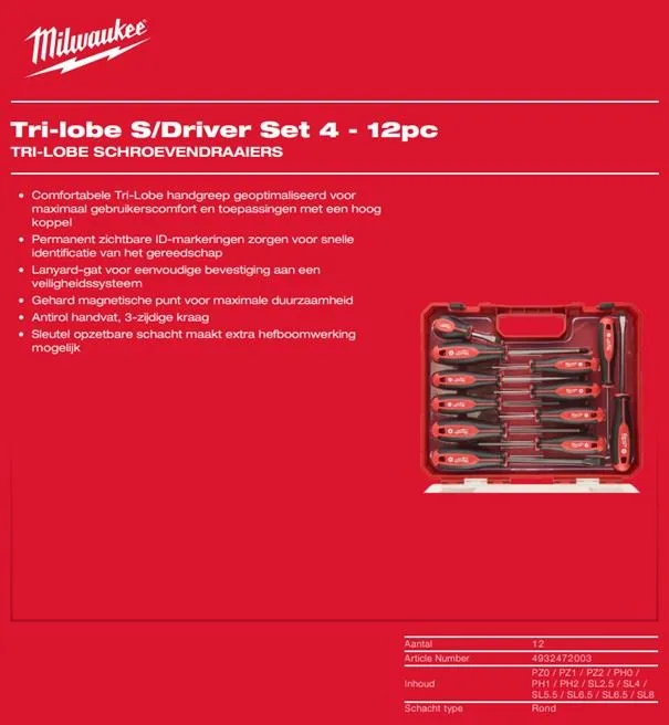MILWAUKEE SCHROEVENDRAAIERSET TRILOBE 12 DLG
