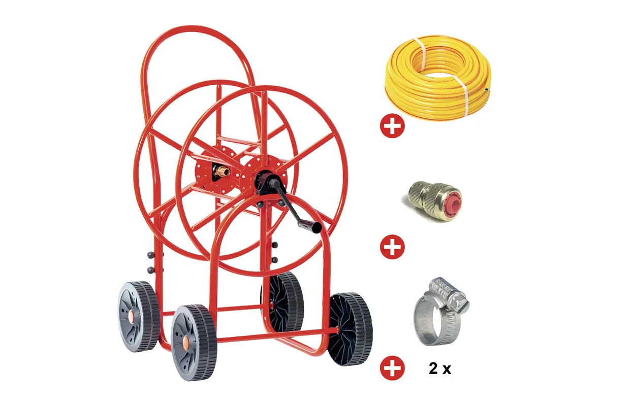 Set slangenwagen 3/4" staal poederlak met waterslang Tricotop 50m MW Tools